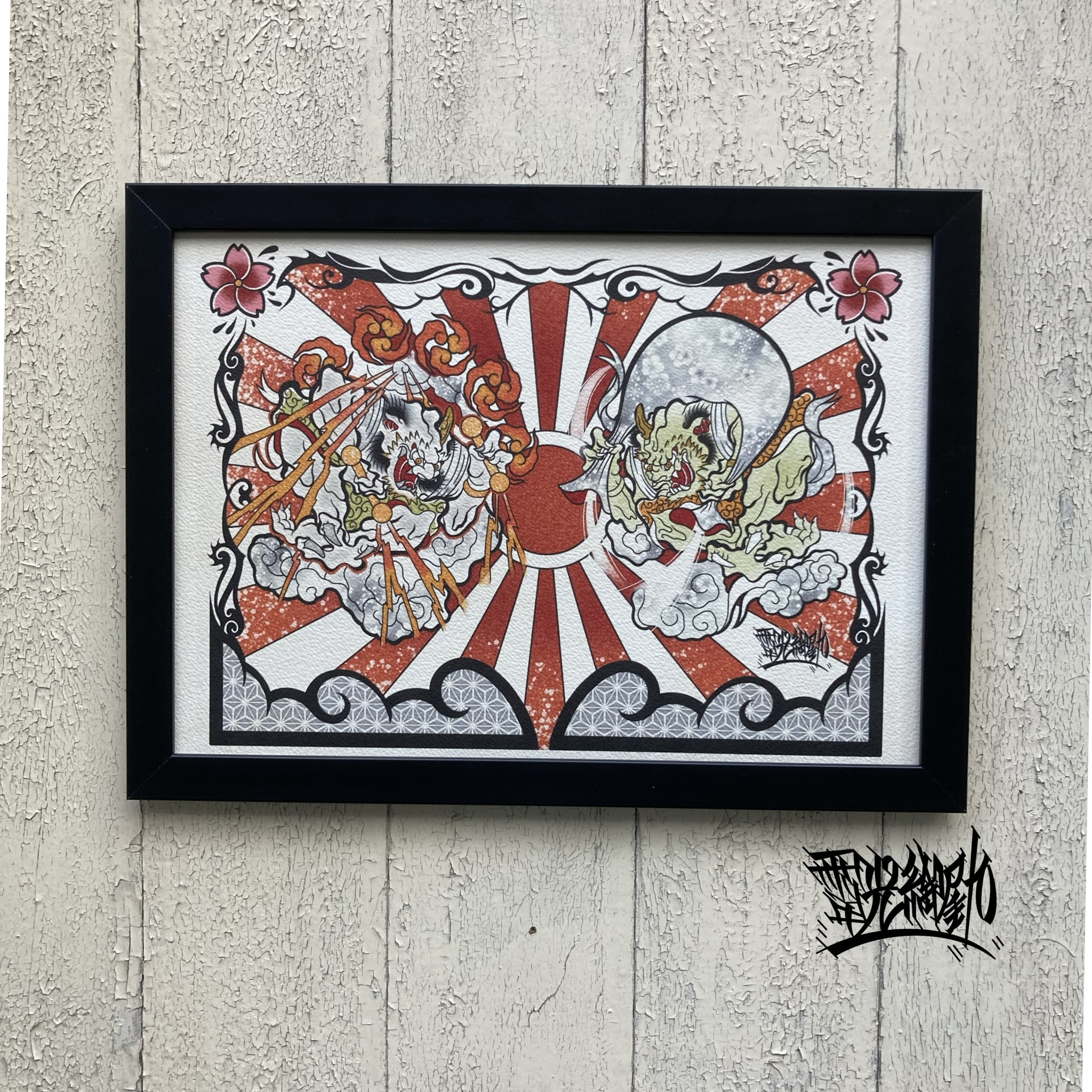 尾九 画 風神雷神ノ図 A4サイズ フレーム付き イラスト bbqcomic 尾九