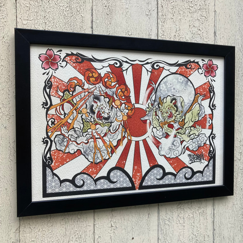 【水墨画】手描き風神雷神図 アルミ製フレーム付き 水墨画】手描き風神雷神図 アルミ製フレーム付き