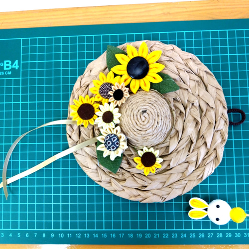 ひまわり リース 麦わら帽子 夏のインテリア つまみ細工 リース