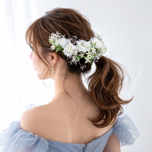かすみ草 ローズ ヘッドドレス ホワイト ブライダル ウエディング 髪