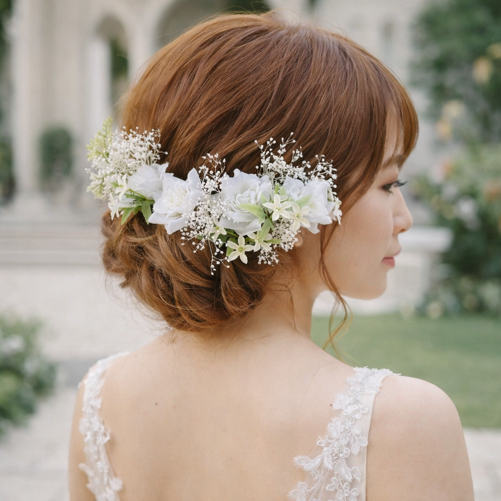 かすみ草　ローズ　ヘッドドレス　ホワイト　ブライダル　ウエディング　髪飾り　造花　前撮り　フォトウエディング　結婚式