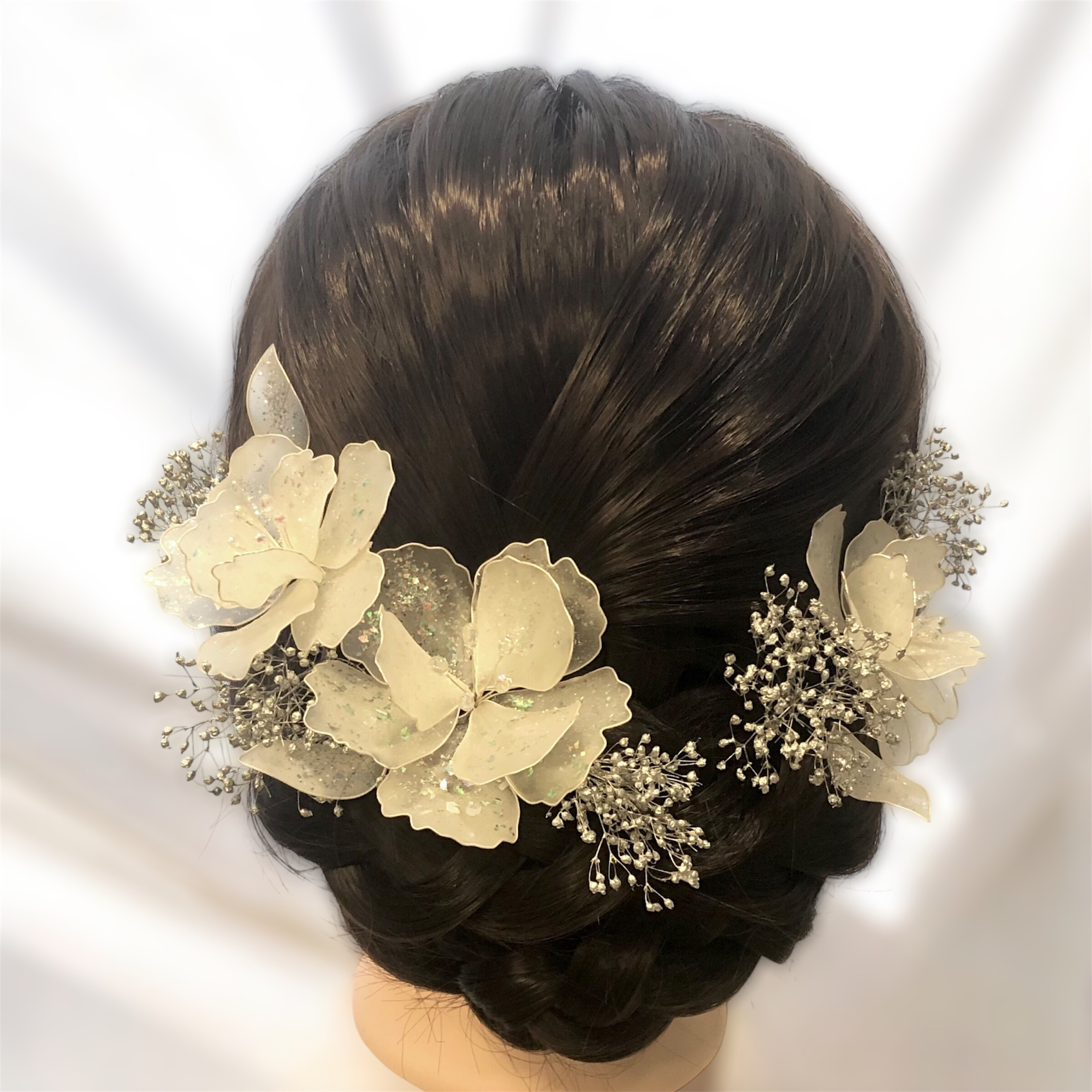 シルバーティンクルフロスト　Mセット　ディップフラワー　ヘアアクセサリー　キラキラ　ウェディング　成人式髪飾り　光沢