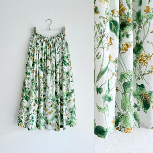 大人可愛いハーバルフラワーのリネンスカート オフホワイト ロング  