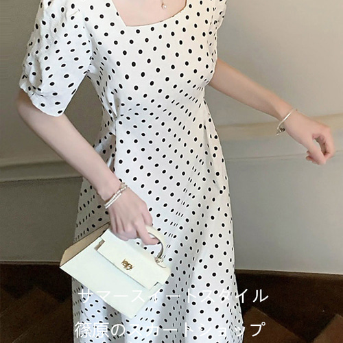 フレンチシックな白ドットワンピース2024年新作レディース夏小柄梨柄