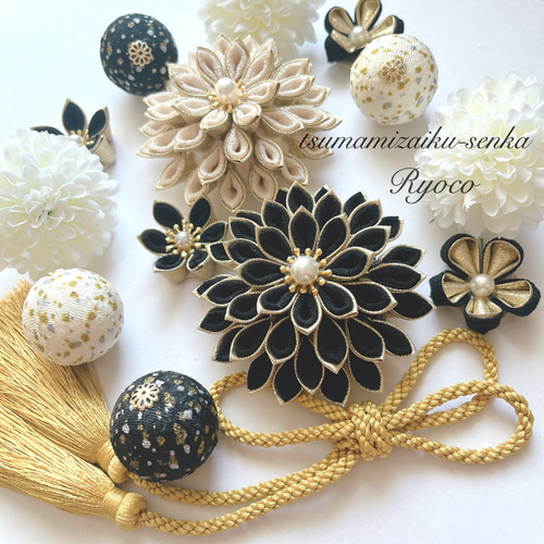 受注制作【ゴールド×ブラック】成人式 結婚式 卒業式 金 黒 つまみ細工