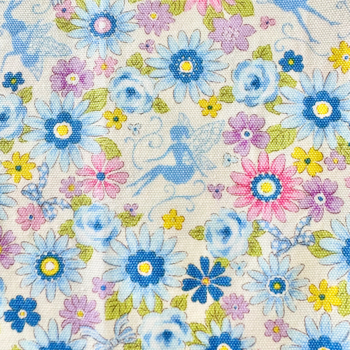 ハンドメイドスモックsize110〜120 手書き風お花ライトブルーNo.248