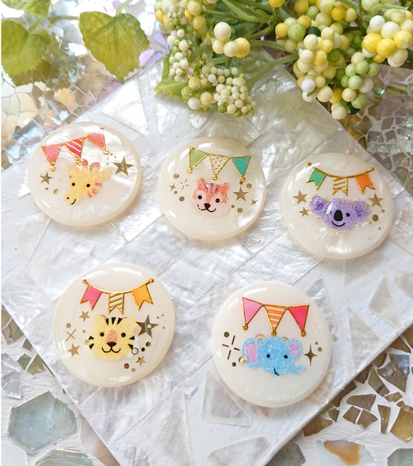 動物のカボション☆5個 t28 キリン/りす/コアラ/トラ/ゾウ/ボタン 