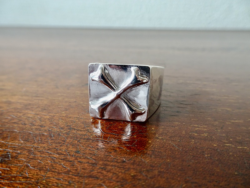 仁尾彫金『クロスボーンプレート、印台リング』ハンドメイド298