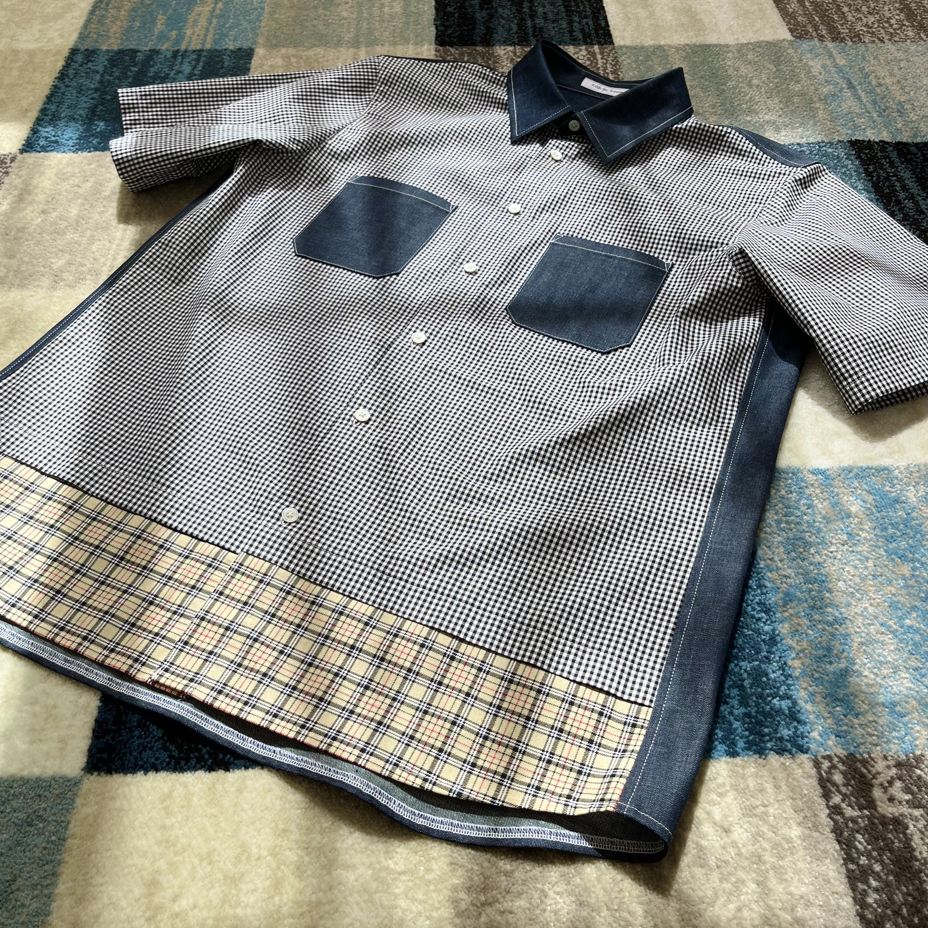 チェック柄×デニム切替半袖シャツ