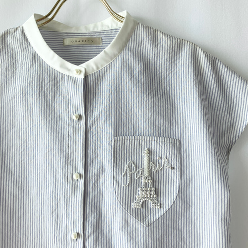 エッフェル塔パール刺繍のクレリックシャツ【フレンチスリーブ(半袖 