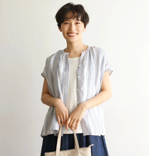ラクなのに品よく着こなせる　リネン100％　ストライプブラウス　トップス  240624-1 9枚目の画像