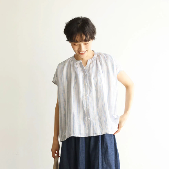 ラクなのに品よく着こなせる　リネン100％　ストライプブラウス　トップス  240624-1 3枚目の画像