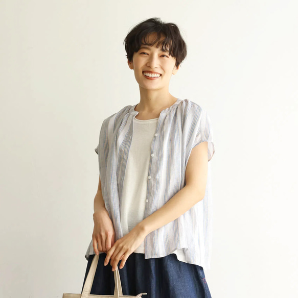ラクなのに品よく着こなせる　リネン100％　ストライプブラウス　トップス  240624-1 6枚目の画像