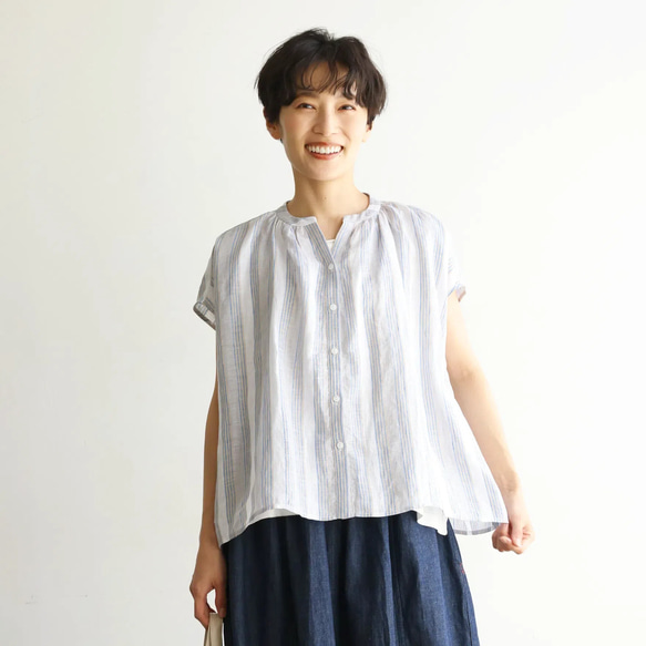 ラクなのに品よく着こなせる　リネン100％　ストライプブラウス　トップス  240624-1 1枚目の画像