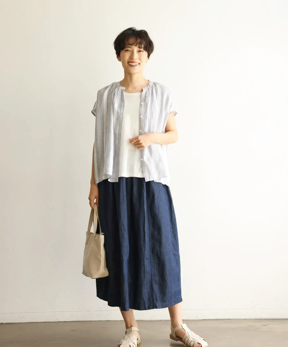 ラクなのに品よく着こなせる　リネン100％　ストライプブラウス　トップス  240624-1 5枚目の画像