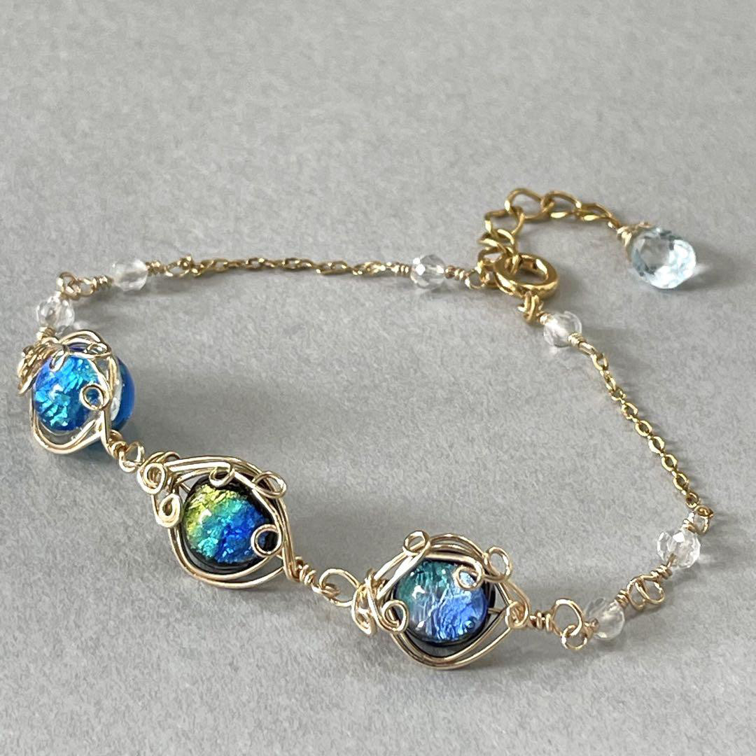 涼しげ ホタルガラス ブレスレット 14kgf ワイヤーラッピング