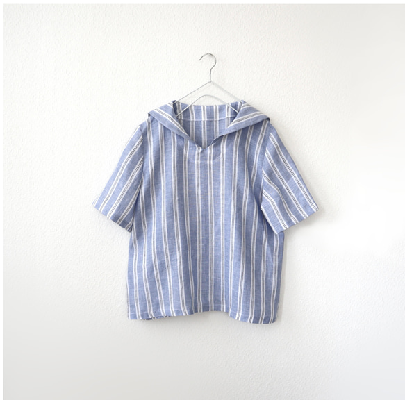 送料無料　受注S~LL上質な先染めリネン100%  ストライプセーラーブラウス 2枚目の画像