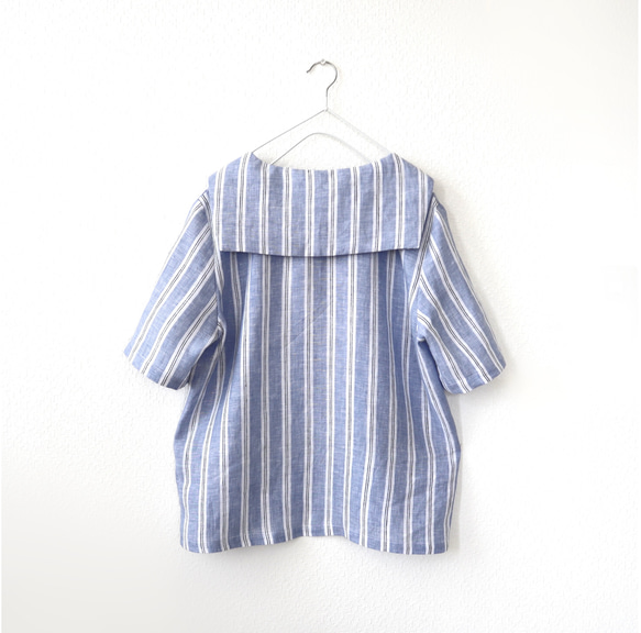 送料無料　受注S~LL上質な先染めリネン100%  ストライプセーラーブラウス 3枚目の画像