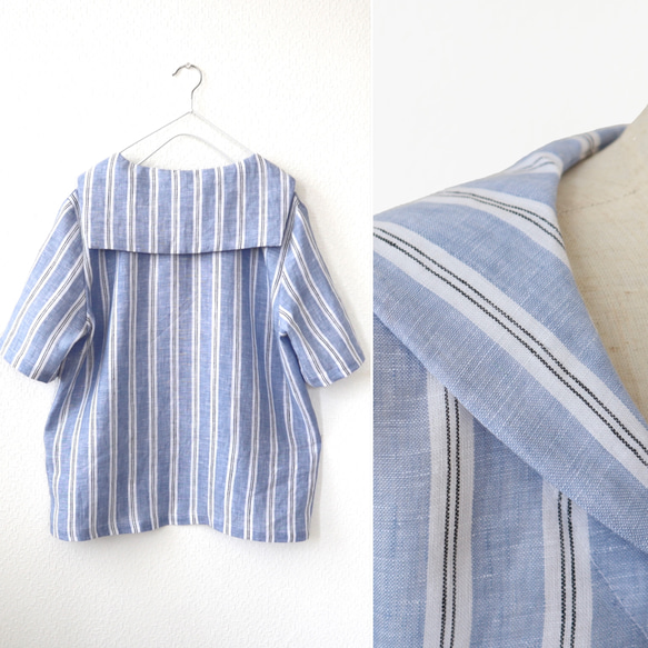 送料無料　受注S~LL上質な先染めリネン100%  ストライプセーラーブラウス 1枚目の画像