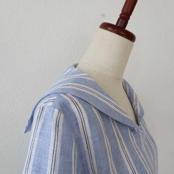 送料無料　受注S~LL上質な先染めリネン100%  ストライプセーラーブラウス 8枚目の画像