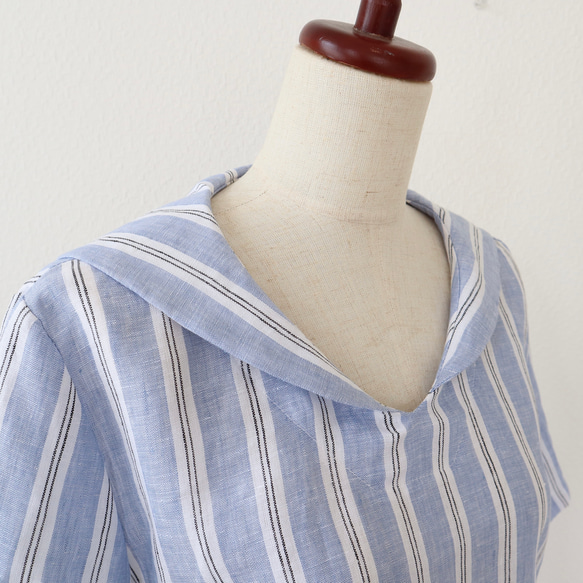 送料無料　受注S~LL上質な先染めリネン100%  ストライプセーラーブラウス 7枚目の画像