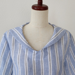 送料無料　受注S~LL上質な先染めリネン100%  ストライプセーラーブラウス 4枚目の画像