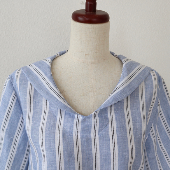 送料無料　受注S~LL上質な先染めリネン100%  ストライプセーラーブラウス 4枚目の画像