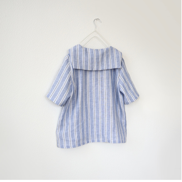 送料無料　受注S~LL上質な先染めリネン100%  ストライプセーラーブラウス 9枚目の画像