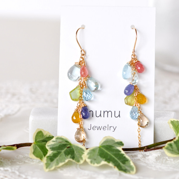 14kgf/アクアマリンx七色天然石ピアス ピアス（フック・チェーン