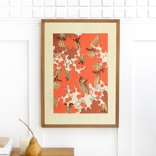 NO.600】赤い実の日本画インテリアポスター☆ボタニカルレトロおしゃれ