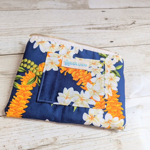 ハワイアンキルト☆フラットポーチ ☆ モンステラ/プルメリア ポーチ