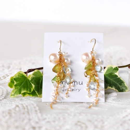 14kgf/スフェーンxアクアマリンxパール シャワーピアス ピアス（フック  