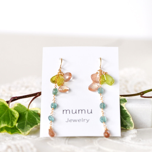 14kgf/スフェーンxグリーントルマリンxジルコンピアス ピアス（フック