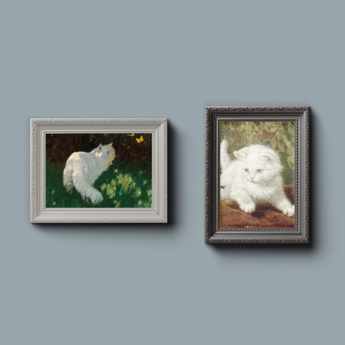 NO.601】白猫の絵画インテリアポスター☆蝶リラックス癒しアンティーク