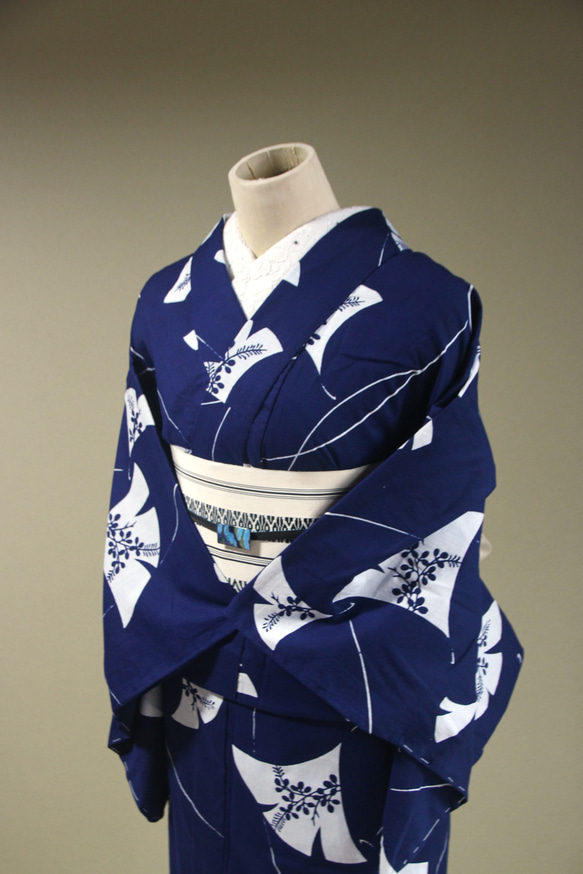 超超美品】浴衣 夏着物 単衣 普段着物 紺色藍色花柄 木綿 裄長