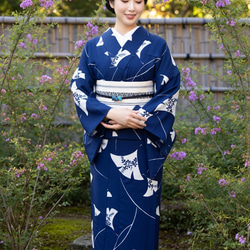 手染型藍染浴衣 濃紺 銀杏に萩が涼し気な秋の風を想わせる トール