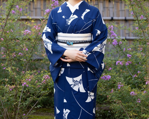 手染型藍染浴衣 濃紺 銀杏に萩が涼し気な秋の風を想わせる トール
