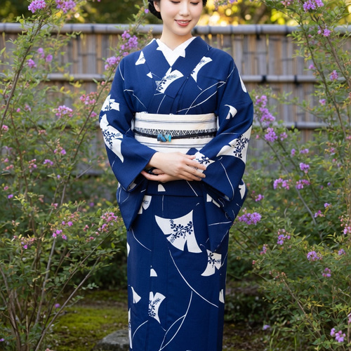 手染型藍染浴衣 濃紺 銀杏に萩が涼し気な秋の風を想わせる トール