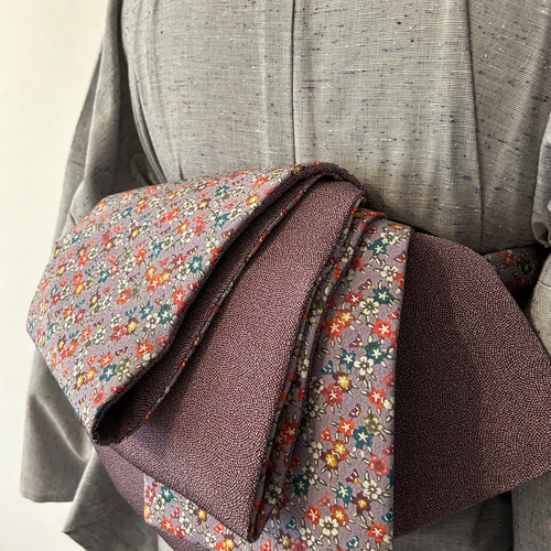 217号 半巾帯 紅型 紫小花×鮫小紋 紫 リバーシブル 正絹 ☆締めやすい  