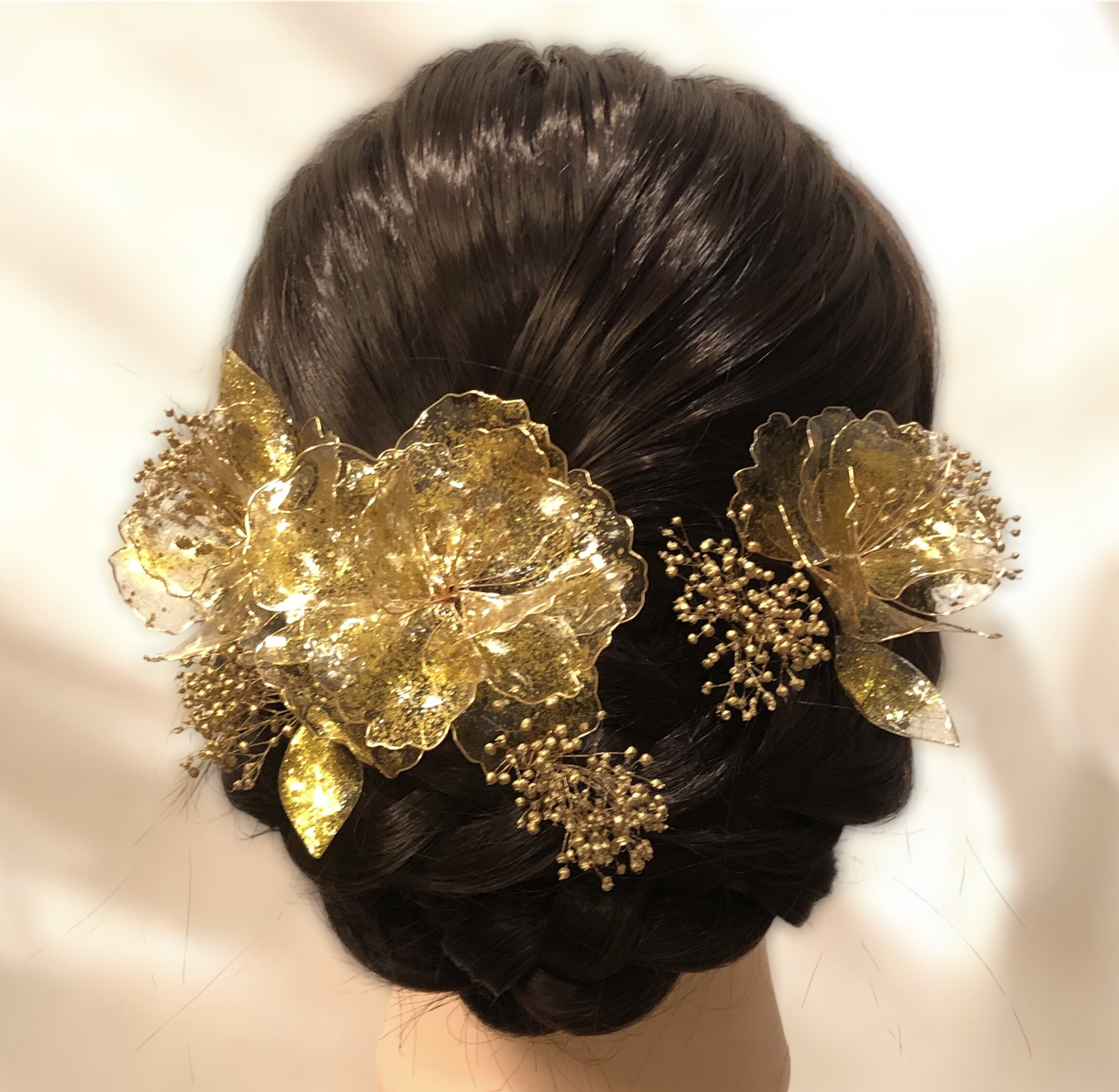 ゴールドシャイニークリア　Lセット　ディップフラワー　ヘアアクセサリー　ゴールド　ウェディング　成人式髪飾り　透明