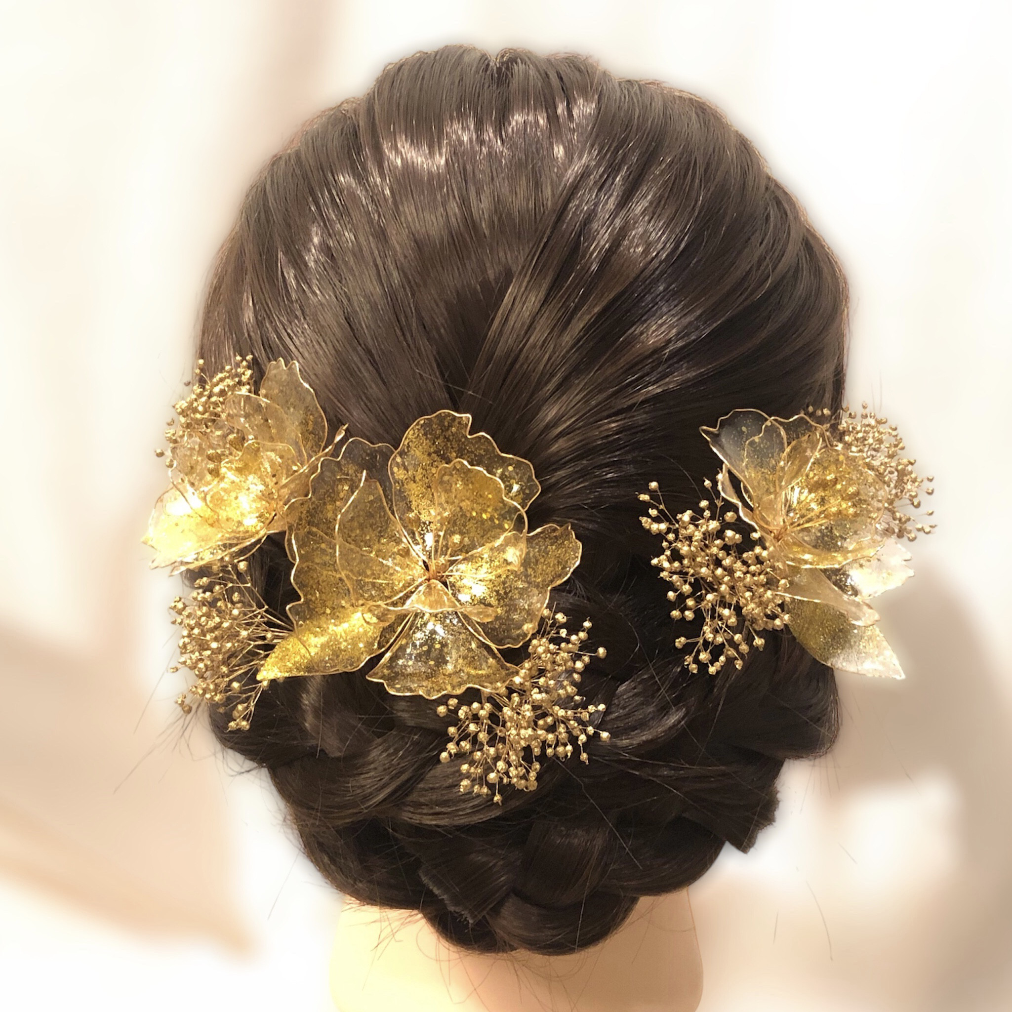 ゴールドシャイニークリア　Mセット　ディップフラワー　ヘアアクセサリー　ゴールド　ウェディング　成人式髪飾り　透明