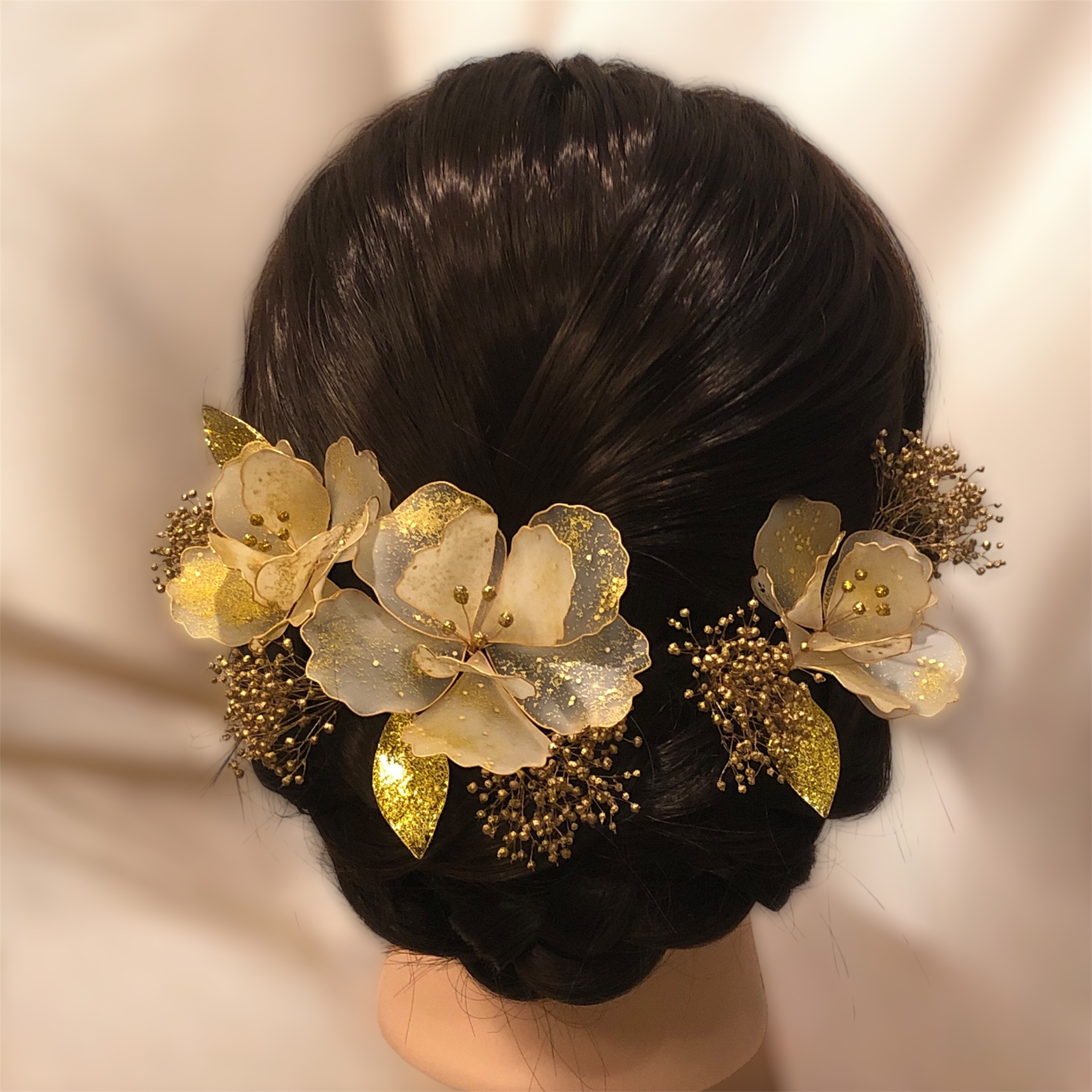 ゴールドグロウフロスト　Mセット　ディップフラワー　ウェディング　成人式髪飾り　華やか髪飾り　大人可愛い　シックな髪飾り