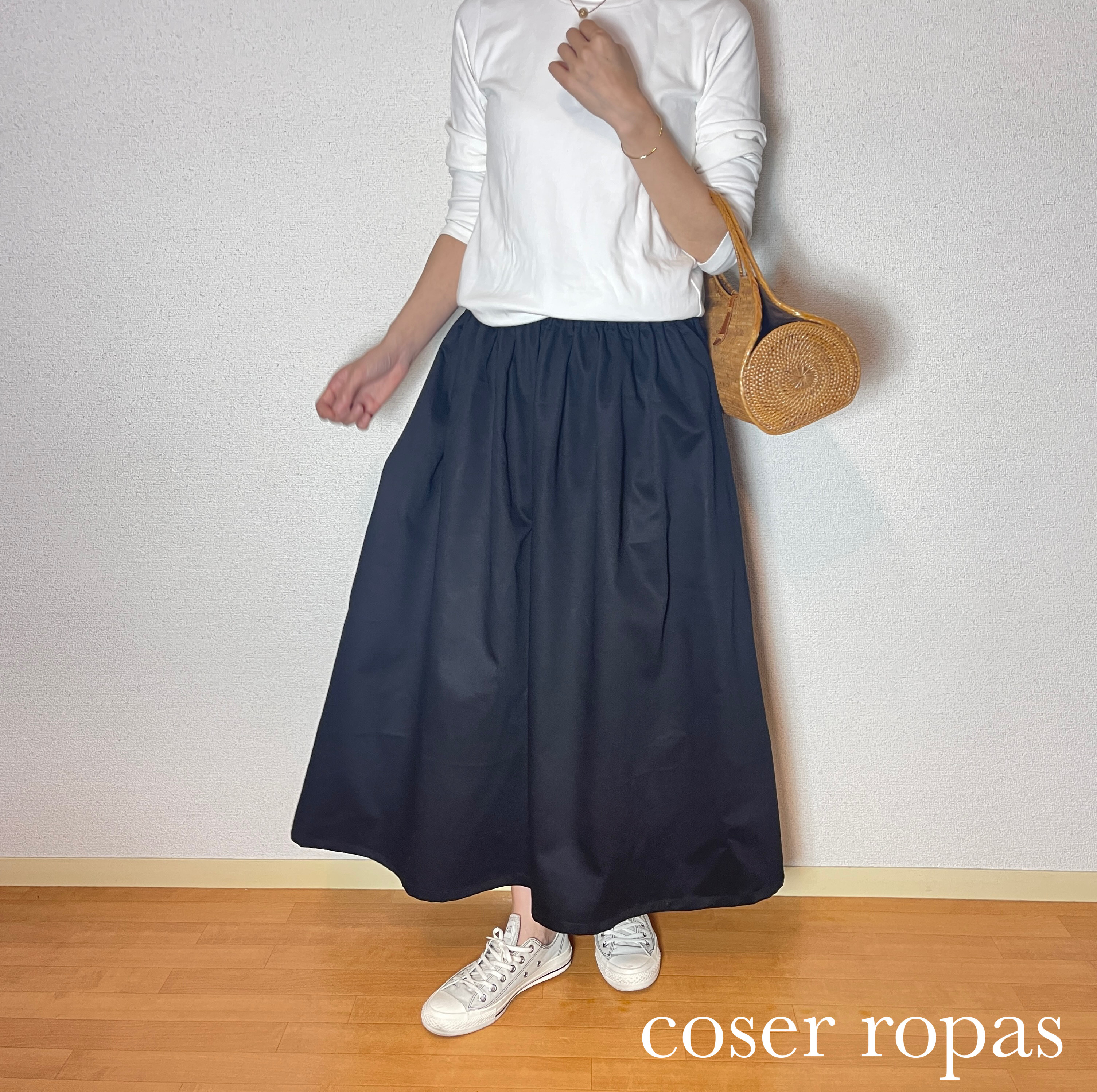 定番 チノクロス生地 ギャザースカート　ブラック　【サイズSから４L】ウエスト変更可