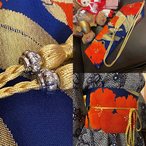 和洋折衷 リップル藍染浴衣 リメイク ワンピース ドレス 名古屋帯  