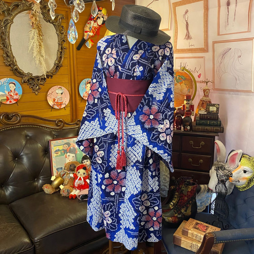 和洋折衷 絞り浴衣 リメイク ワンピース ドレス 帯サッシュ 和洋折衷 絞り浴衣 リメイク ワンピース ドレス 帯サッシュ