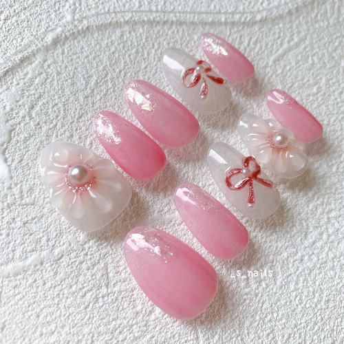 ネイルチップ ワンホン ぷっくりフラワー リボン ビジュー