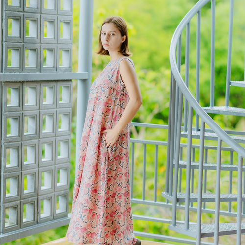 インド綿（ハンドブロックプリント）/Aラインワンピース/マキシ丈