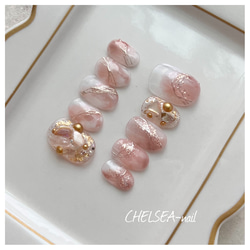 23))フレンチガーリー ニュアンス ぷっくり ネイルチップ ミラー ピンク ニュアンスストーン×ミラーネイル(ピンク) ネイルチップ（つけ爪