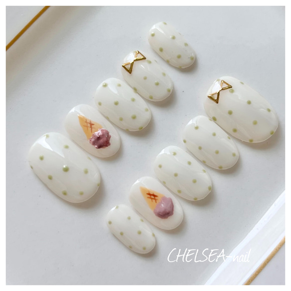 ドット×アイスネイル(グリーン) ネイルチップ（つけ爪） CHELSEA-nail
