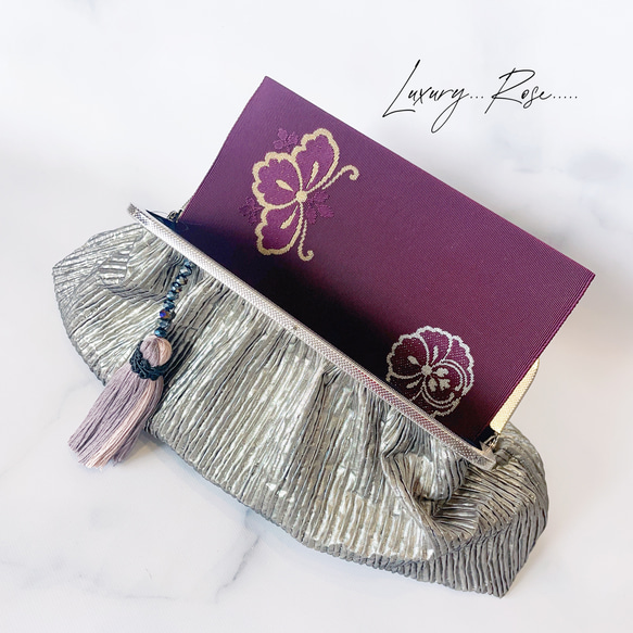 フランス製メタルブラックシルバー変わり織りの光沢が気品漂う特大タッセル　 がま口バッグ　クラッチ　ミニバッグ　フォーマル 9枚目の画像